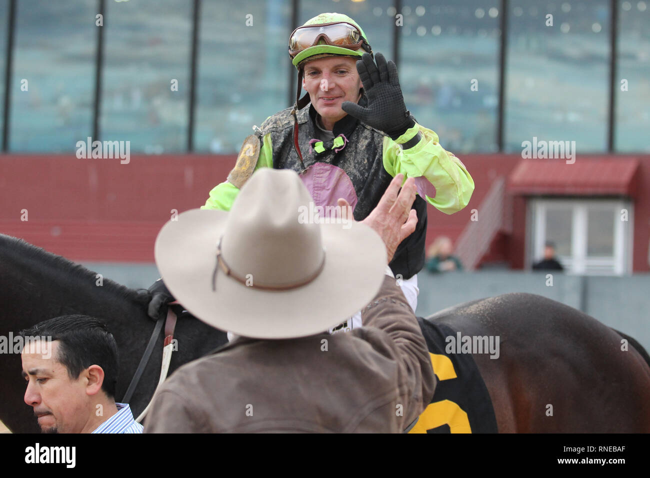 Hot Spring, AR, USA. 18th Feb, 2019. Feburary 18, 2019: Winning jockey Terry Thompson aboard Super Steed (6) after winning the Southwest Stakes at Oaklawn Park in Hot Spring, AR on February 18, 2019. © Justin Manning/Eclipse Sportswire/CSM/Alamy Live News Stock Photo