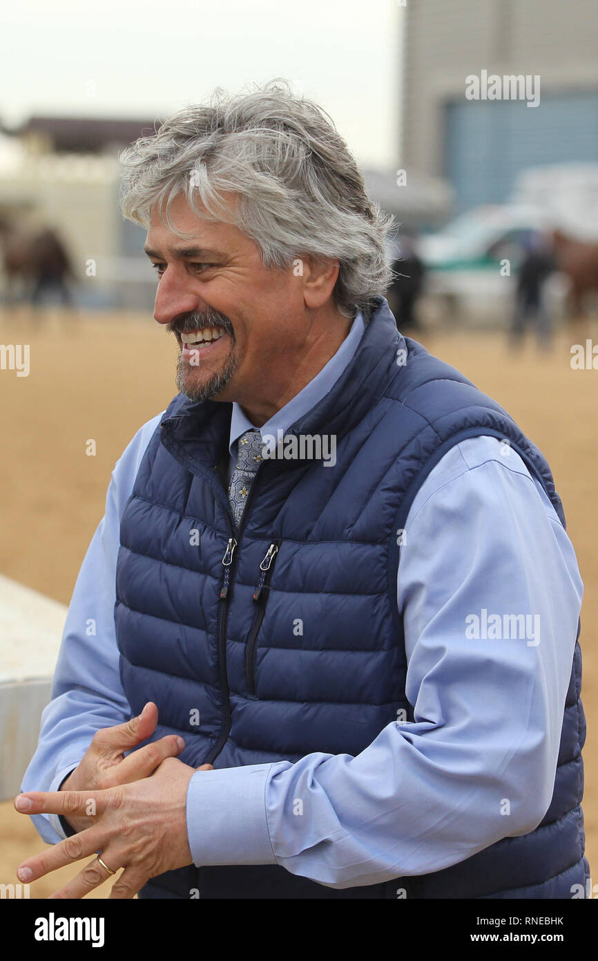 Hot Spring, AR, USA. 18th Feb, 2019. Feburary 18, 2019: Trainer Steve Asmussen after winning the Bayakoa stakes at Oaklawn Park in Hot Spring, AR on February 18, 2019. © Justin Manning/Eclipse Sportswire/CSM/Alamy Live News Stock Photo