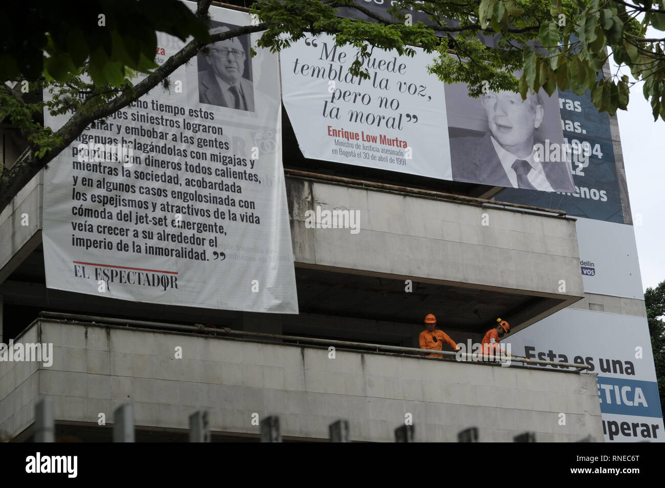Medellin, Antioquia, Colombia. 17th Feb, 2019. Workers are seen cutting the  railing of one of the building balconies. 25 years after the death of Pablo  Escobar, the MedellÃ-n Mayor's office and the