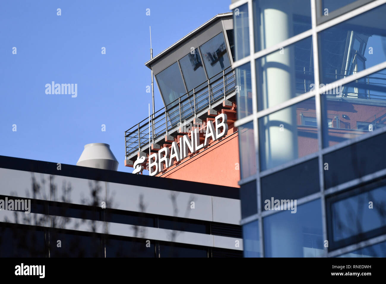 Munich, Deutschland. 19th Feb, 2019. Brainlab is a provider of software-controlled medical technology in neurosurgery, orthopedics and oncology. Located in Muenchen Riem, Central, Tower of the old airport, | usage worldwide Credit: dpa/Alamy Live News Stock Photo