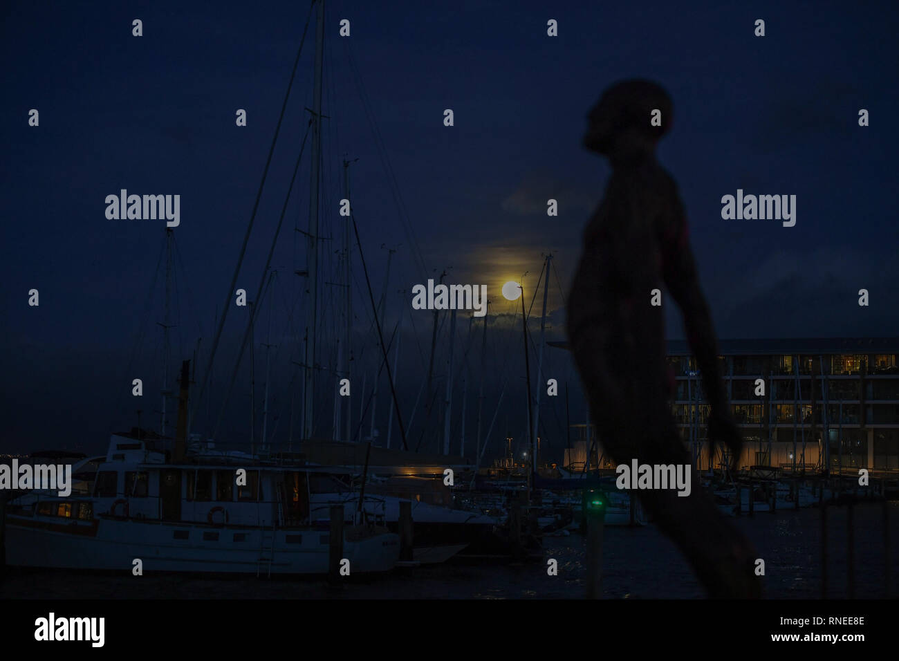 Wellington. 19th Feb, 2019. Photo taken on Feb. 19, 2019 shows the full moon near a sculpture titled 'Solace in the wind' in Wellington, New Zealand. Credit: Guo Lei/Xinhua/Alamy Live News Stock Photo