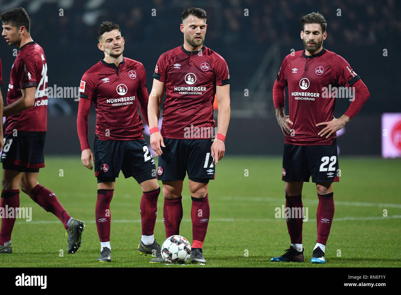 Nuremberg, Germany. 18th Feb, 2019. v.re: Enrico VALENTINI (1.FC Nuremberg), Eduard LOEWEN (1.FC Nuremberg), Tim LEIBOLD (1.FC Nuremberg), Lukas MUEHL (1.FC Nuremberg), promotion. Soccer 1. Bundesliga, 22.matchday, matchday22, 1.FC Nuremberg (N) - Borussia Dortmund (DO) 0-0, on 18/02/2019 in Nuernberg / Germany. MAX MORLOCK STADIUM. DFL REGULATIONS PROHIBIT ANY USE OF PHOTOGRAPH AS IMAGE SEQUENCES AND / OR QUASI VIDEO. | usage worldwide Credit: dpa picture alliance/Alamy Live News Stock Photo