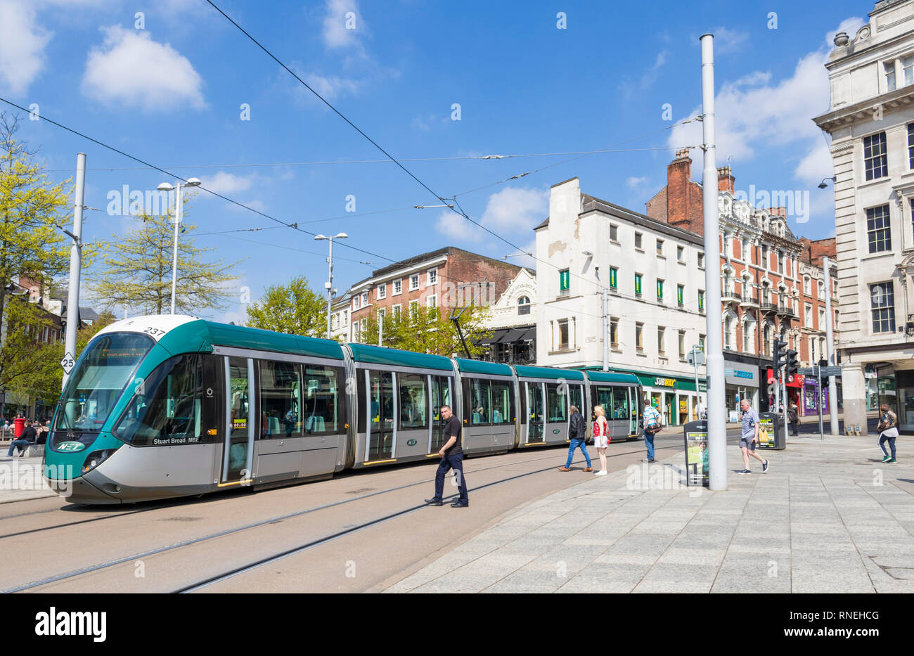Nottingham Tram in the old market square tram Nottingham city centre