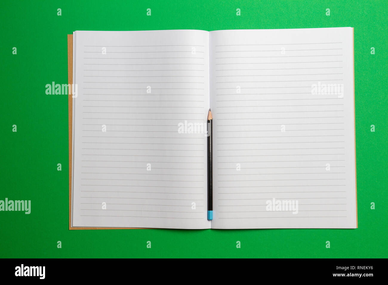 Empty opened striped notebook with pencil on green background. Top view Stock Photo
