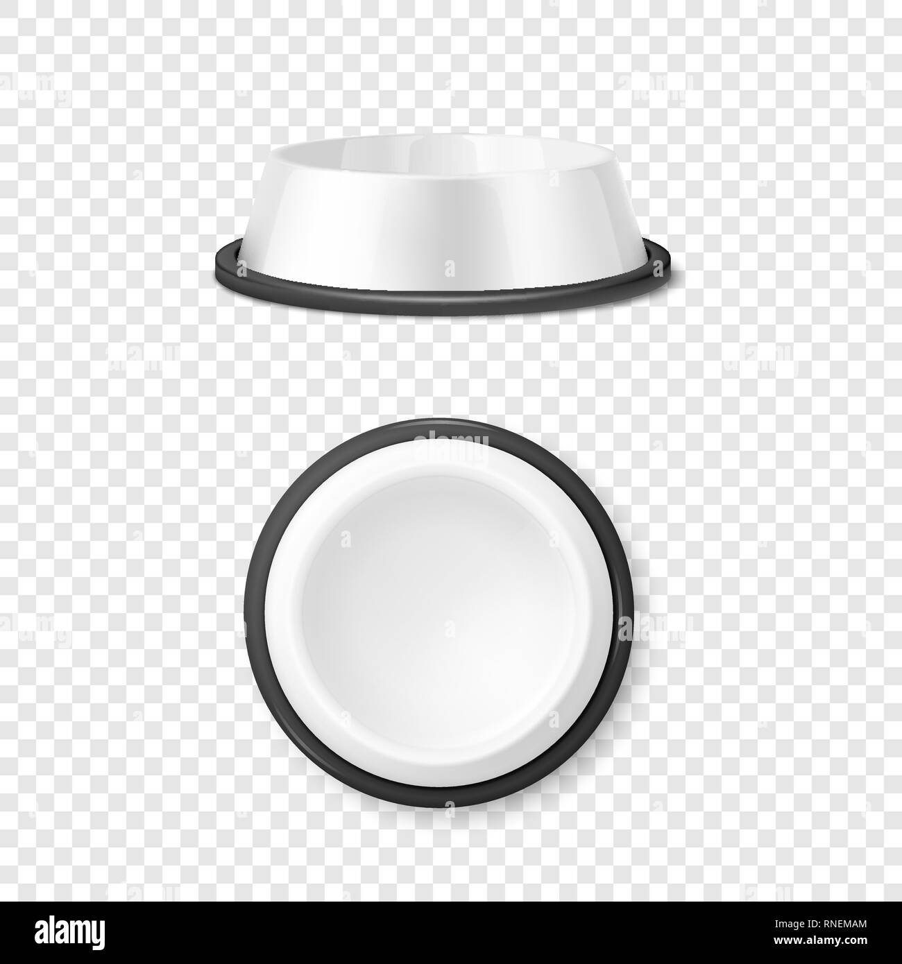 Vector Realistic White Blank Plastic or Metal Pet Bowl Icon Set, Mock-up Closeup Isolated on Transparent Background. Design Template of Bowl for Pet Stock Vector