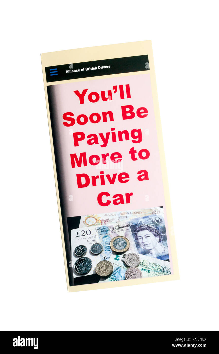 A leaflet from the Alliance of British Drivers protesting about the proposed Ultra Low Emission Zone, ULEZ, in London. Stock Photo
