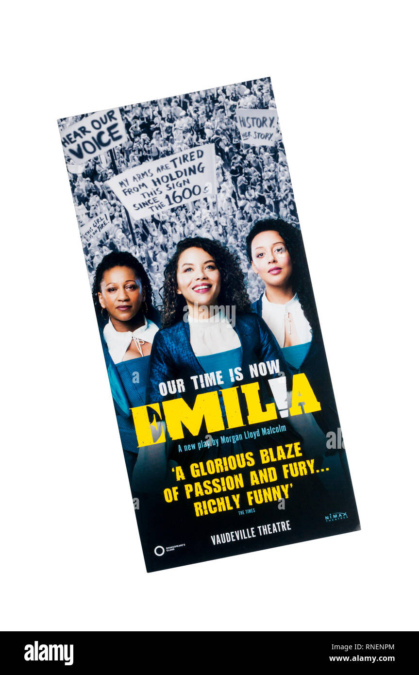 Promotional flyer for the Shakespeare's Globe 2019 West End transfer of Emilia by Morgan Lloyd Malcolm, at the Vaudeville Theatre. Stock Photo