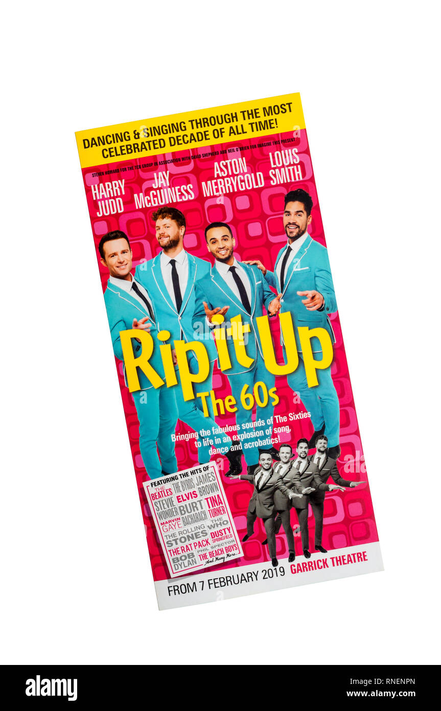 Promotional flyer for the 2019 production of Rip it Up The 60s at the Garrick Theatre.  Featuring dance and music from the 1960s. Stock Photo