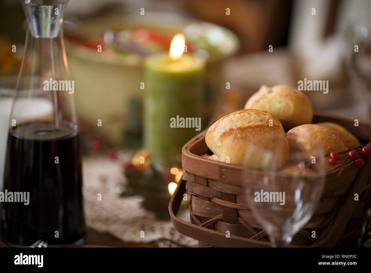 Bread rolls in a wooden basket. Stock Photo