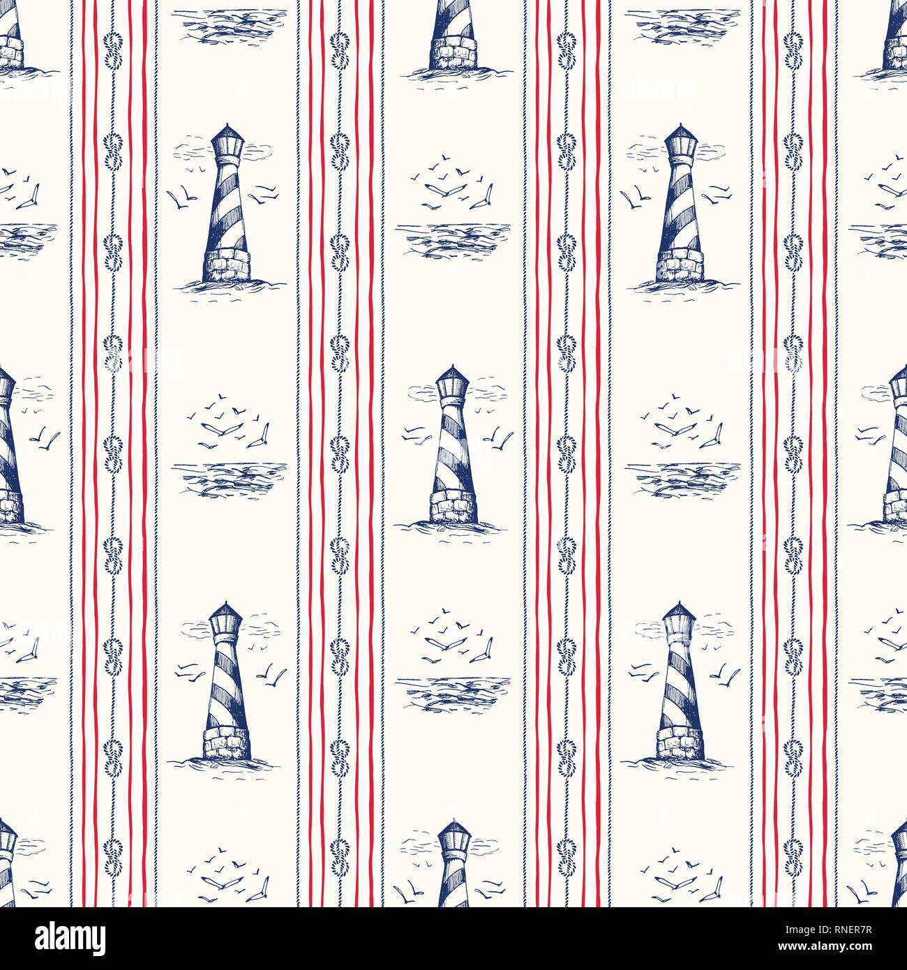 Vintage Hand-Drawn Rope Vertical Stripes with Lighthouse, Seagulls Scenery and Zeppelin Bend Nautical Knots Vector Seamless Pattern Blue and Red Marin Stock Vector