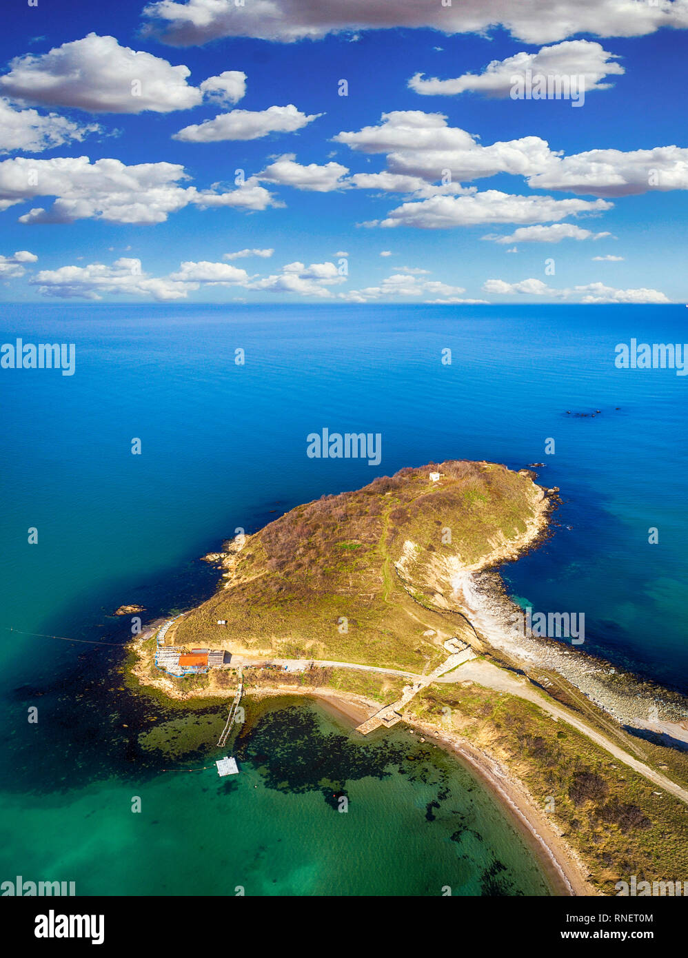 Drone top view over cape and fortress Akin/Akra-Chernomorec,Bulgaria Stock Photo