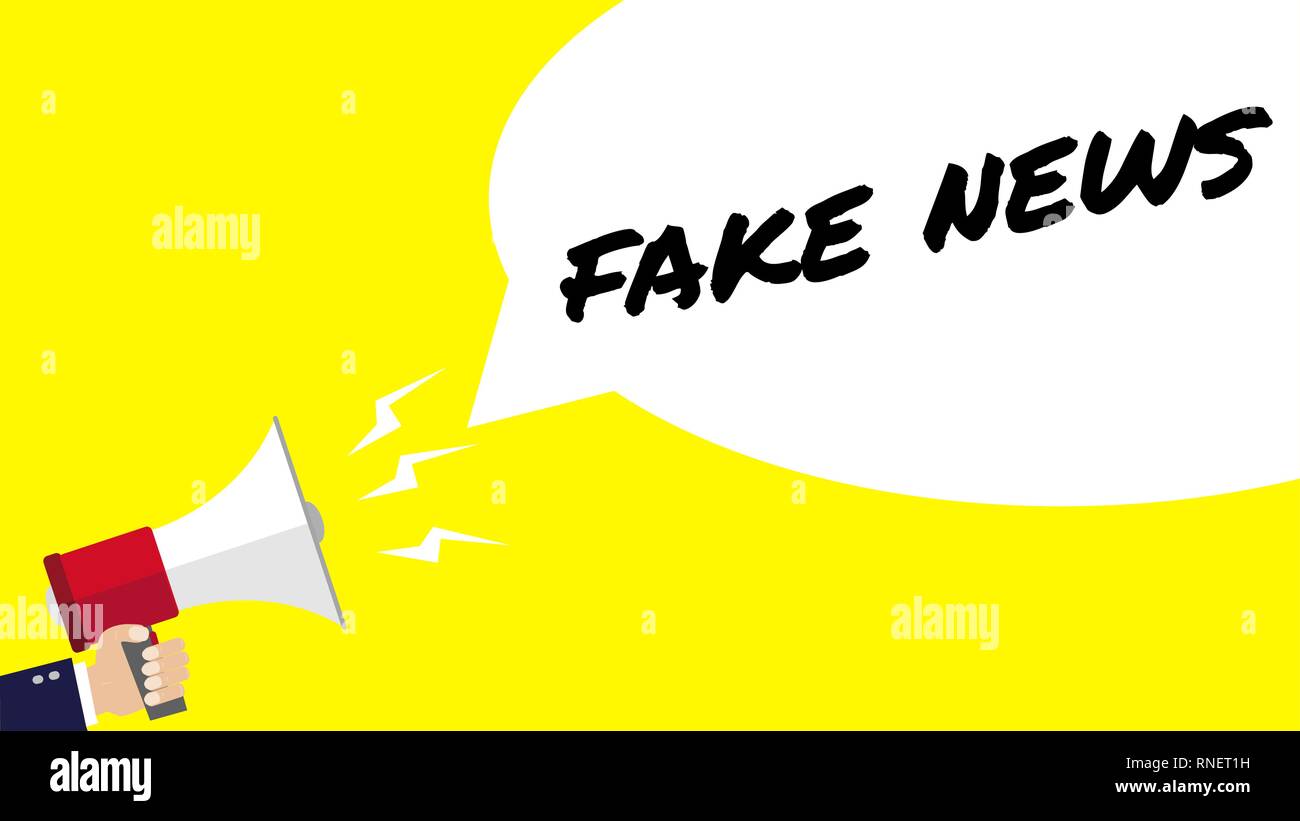 Male Hand Holding Megaphone with Fake News Speech Bubble. Loudspeaker ...