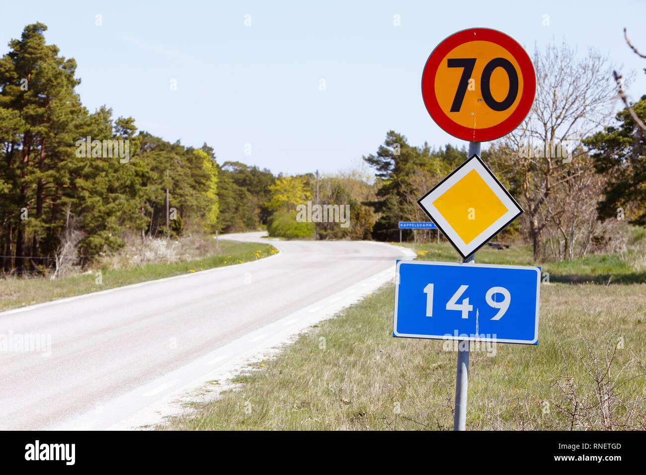 Primary road number 149 with speed limit 70 kmh. Stock Photo
