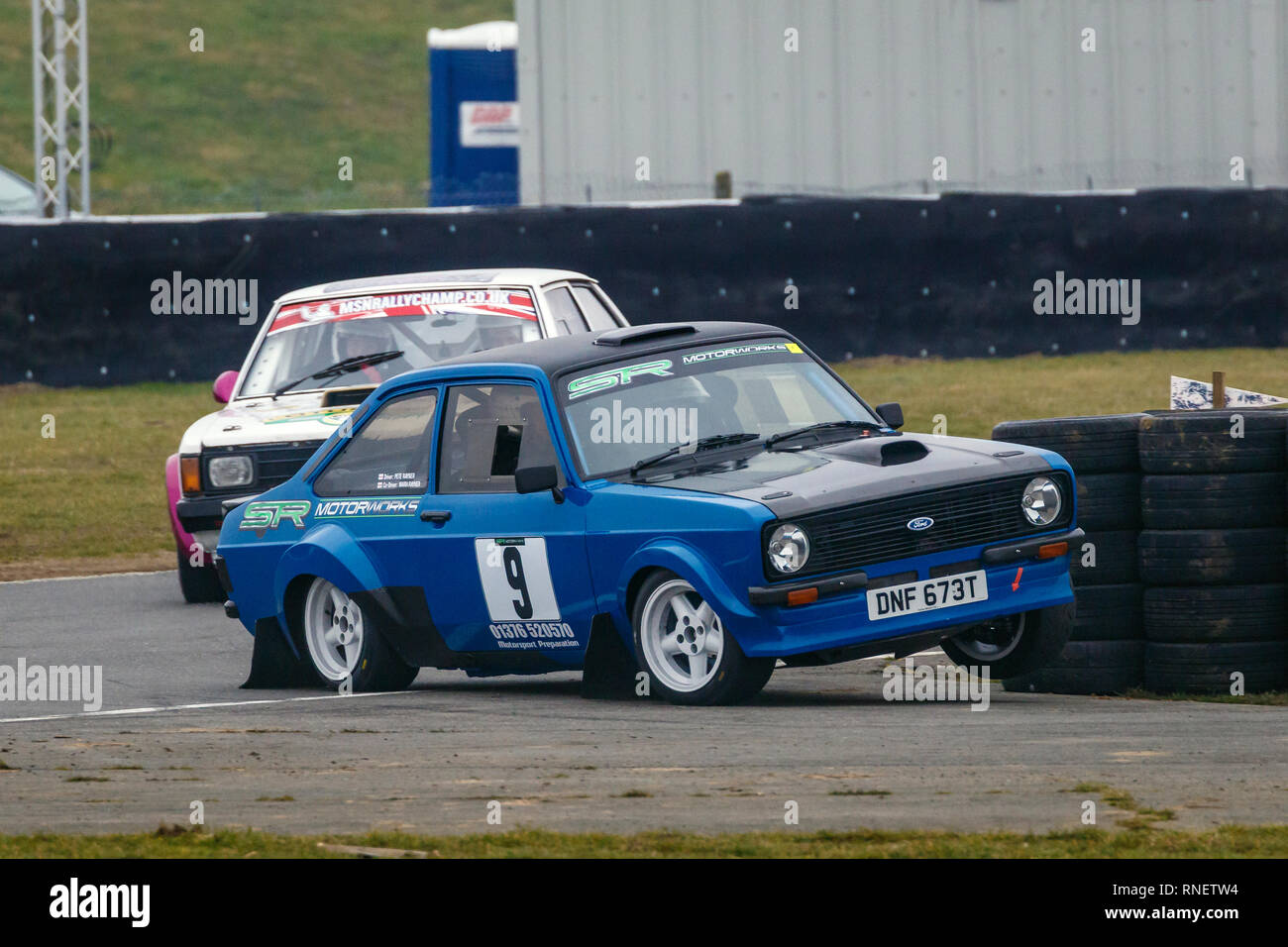 Ford Escort MkII, DNF 673T, with driver Pete Rayner and co-driver Aron Rayner during the 2019 Snetterton Stage Rally, Norfolk. Stock Photo