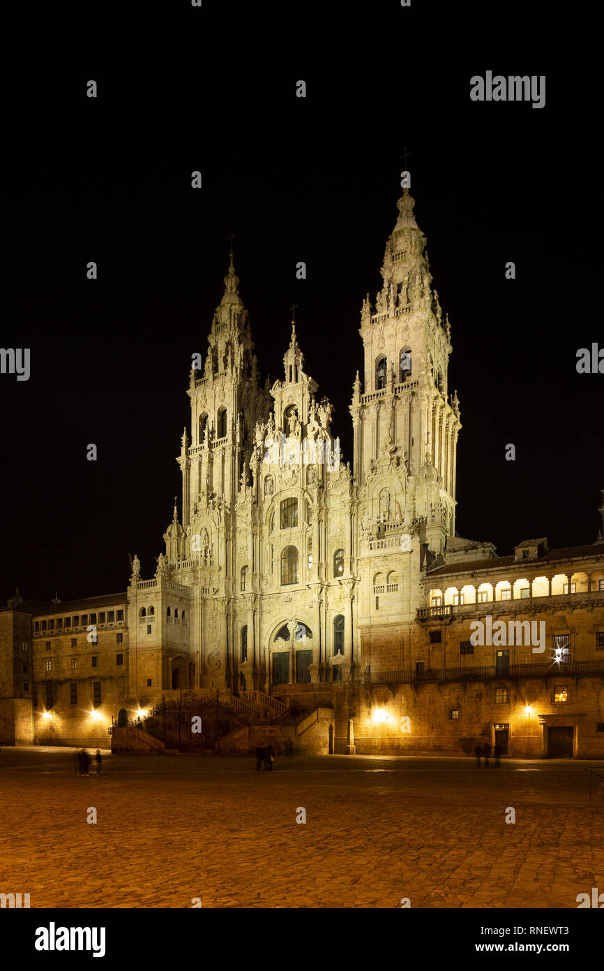 Santiago de Compostela Cathedral view at night. Cathedral of Saint James pilgrimage. Obradoiro square, Galicia, Spain Stock Photo