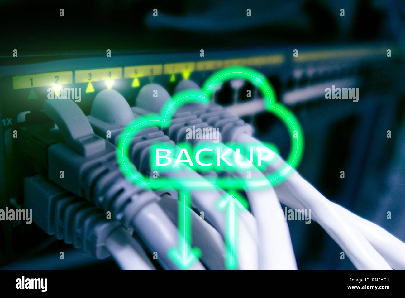 Backup button on modern server room background. Data loss prevention ...