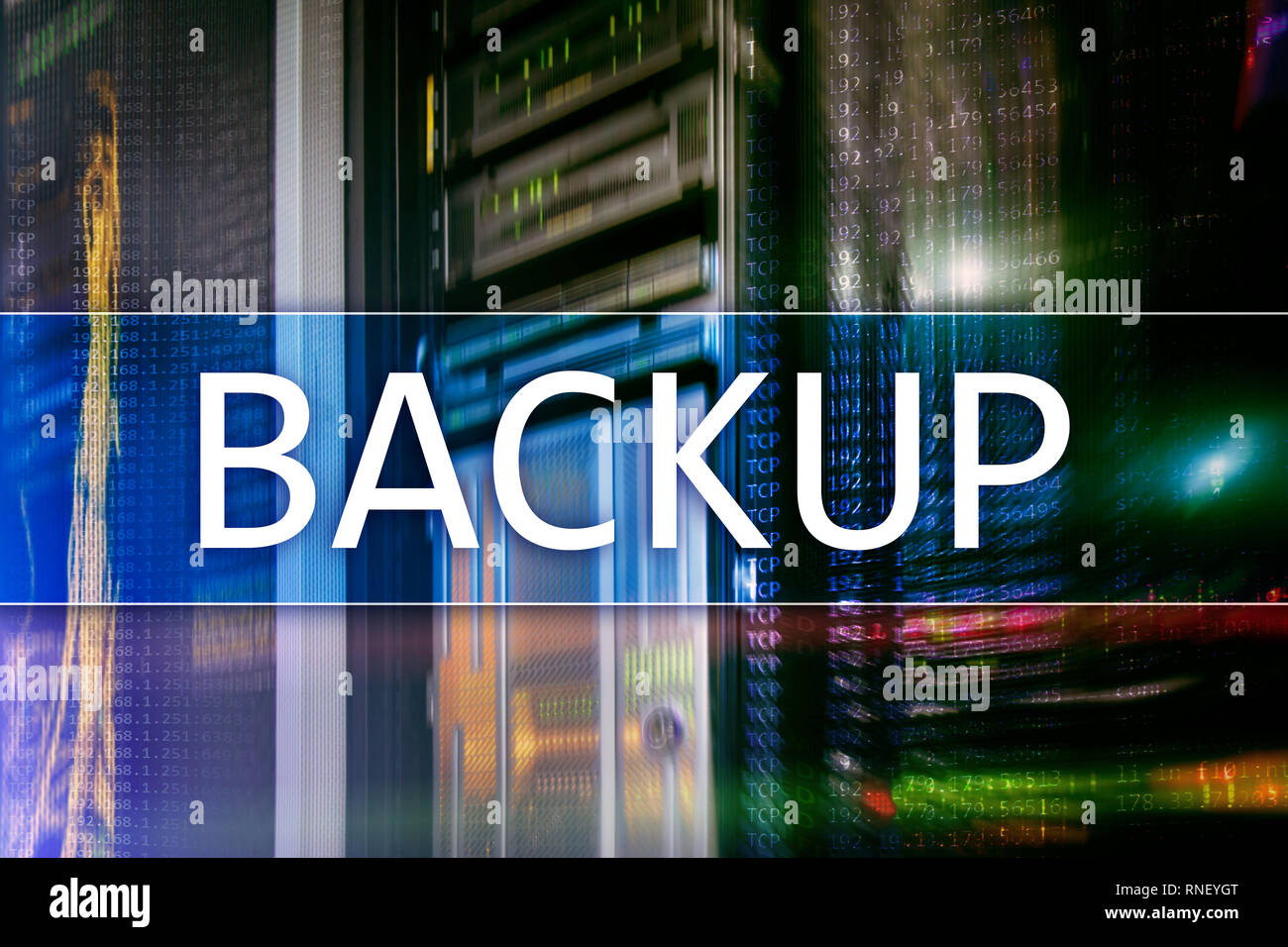 Backup button on modern server room background. Data loss prevention ...