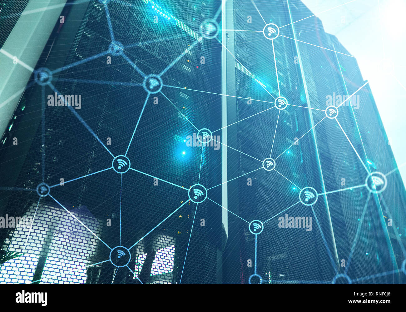 Wi fi network abstract structure on modern server room background Stock ...