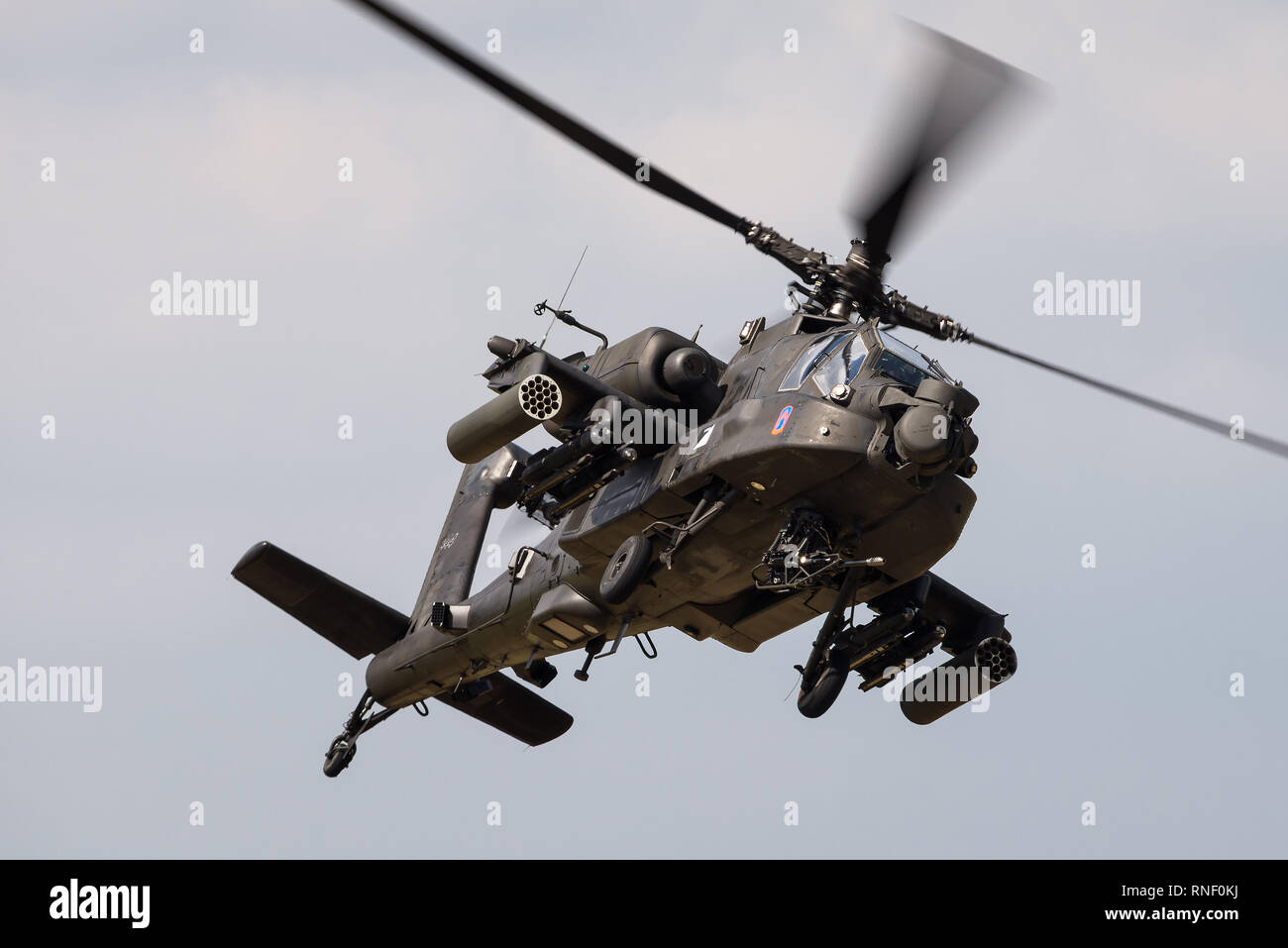 A Boeing AH-64 Apache attack helicopter from the 12th Combat Aviation Brigade of the US Army at the Belgian Helidays 2017. Stock Photo