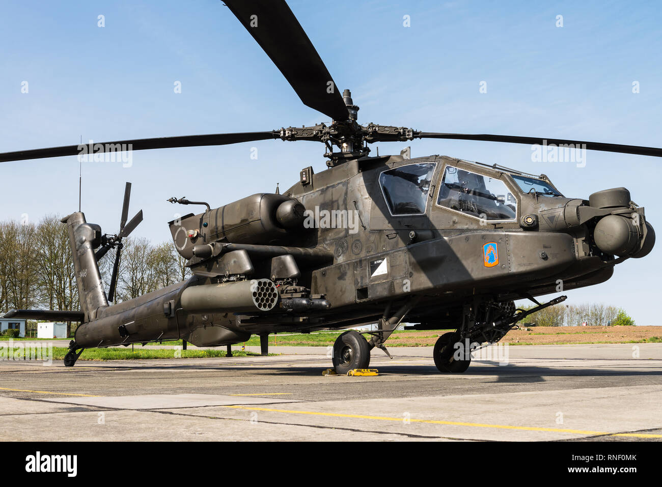 A Boeing AH-64 Apache attack helicopter from the 12th Combat Aviation Brigade of the US Army at the Belgian Helidays 2017. Stock Photo