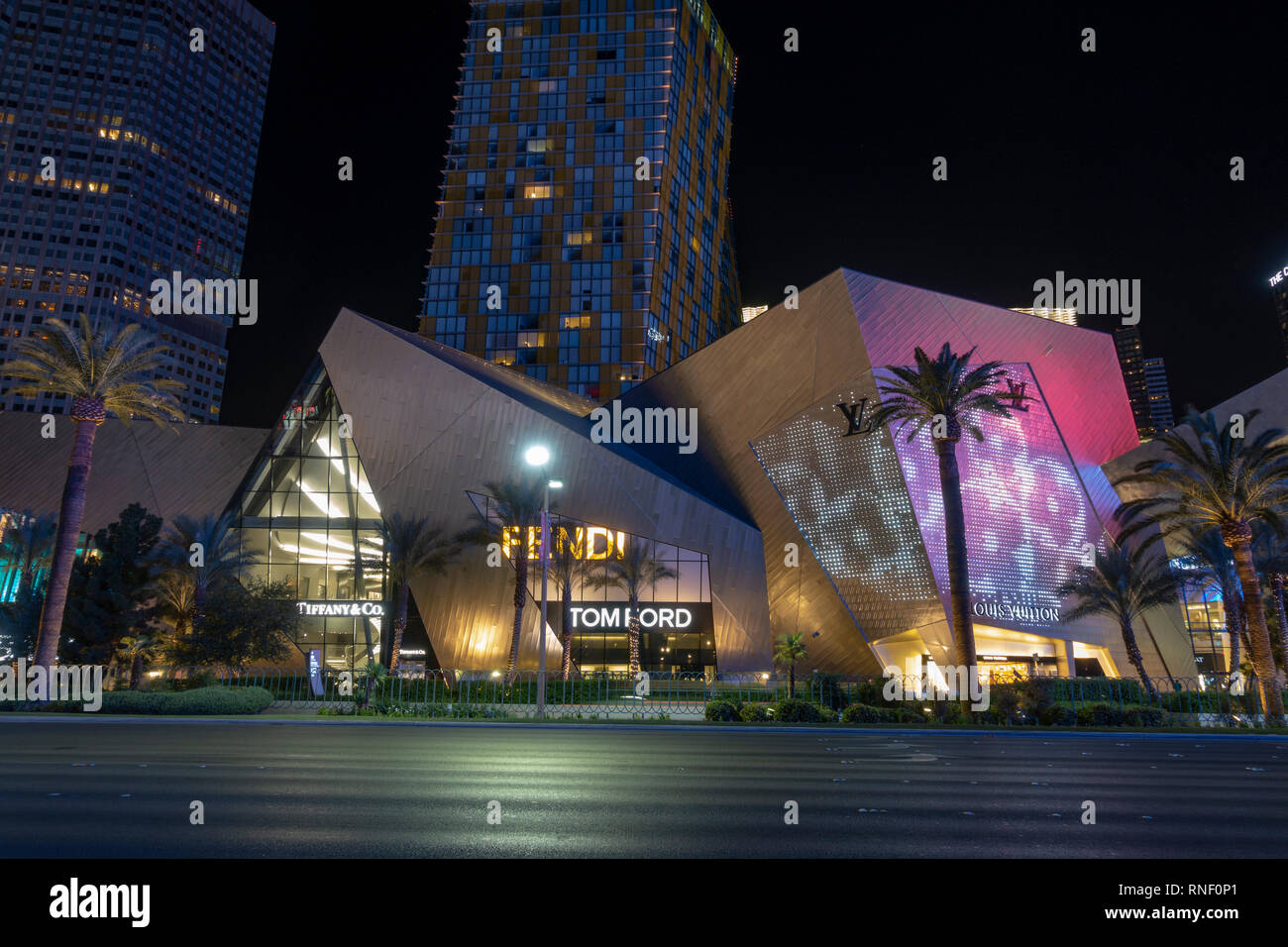 The TOM FORD Las Vegas designer boutique store at night, The Strip, Las Vegas, Nevada, United States. Stock Photo