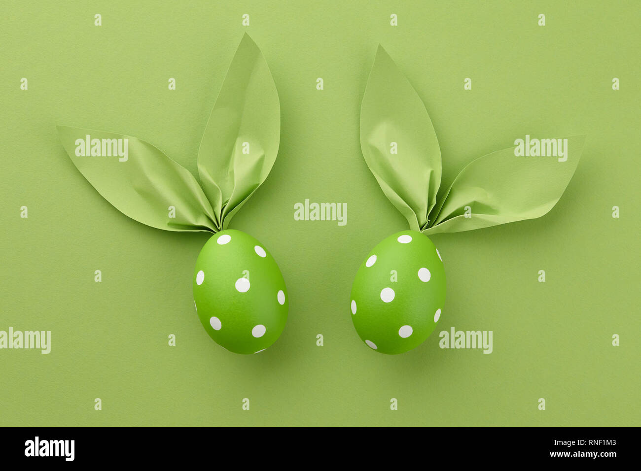 Pair of green dotted Easter eggs with paper bunny ears on spring green ...