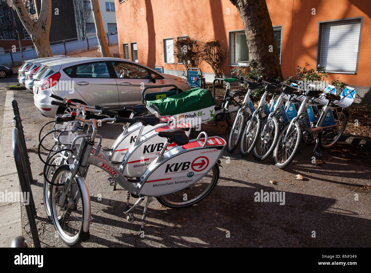 Mobilstation on Josephstreet in the Severins district, Cologne, Germany. The station offers carsharing, bikesharing, cargo bike sharing and bike parki Stock Photo