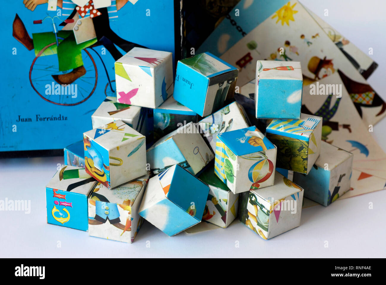 Vintage game, cardboard cube puzzle, with circus motifs Stock Photo Alamy