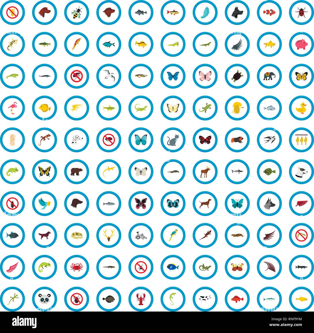 100 animal icons set, flat style Stock Vector