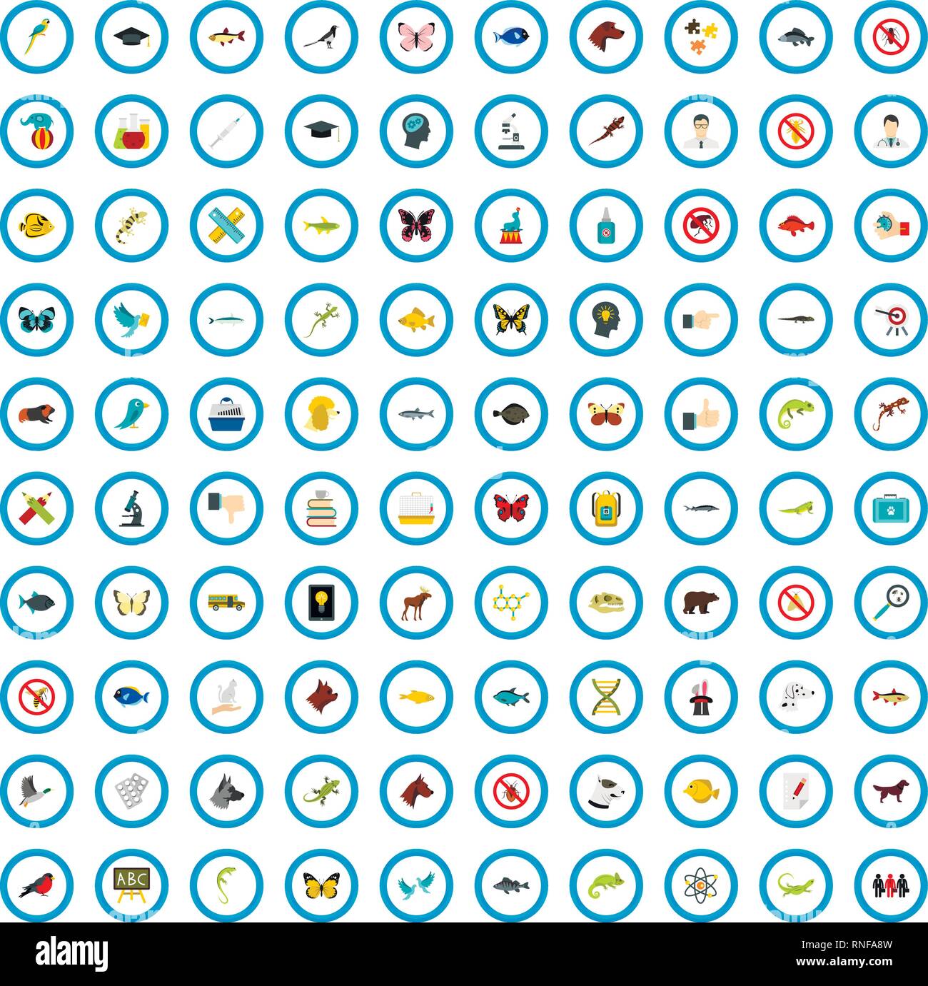 100 animal examination icons set, flat style Stock Vector