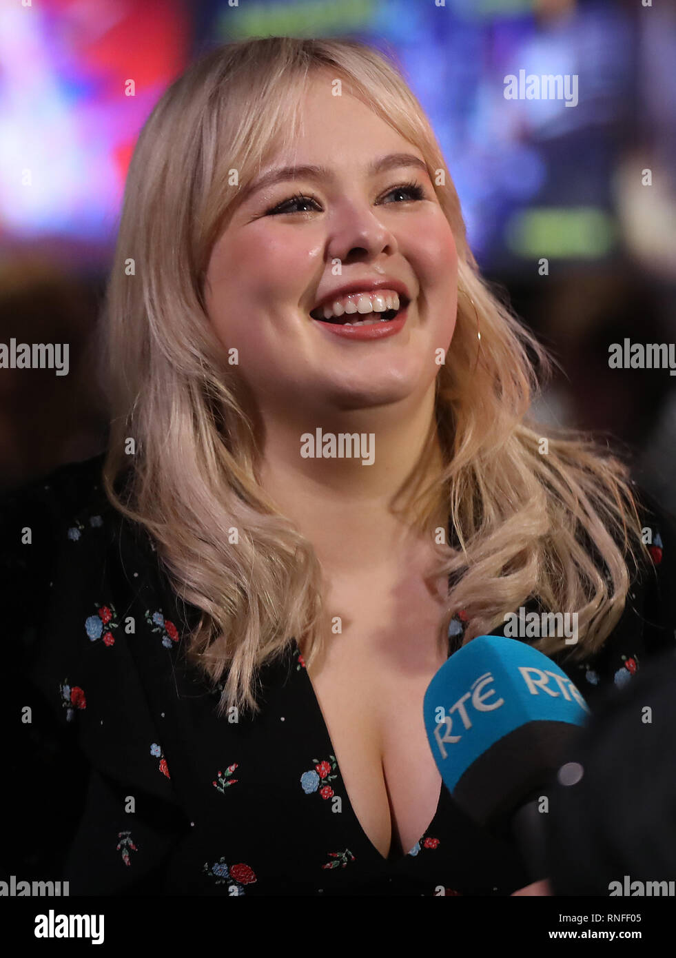 Nicola Coughlan arrives at the Omniplex Cinema in Londonderry for the Derry Girls premiere ahead of the broadcast of the second series on Channel 4. Stock Photo