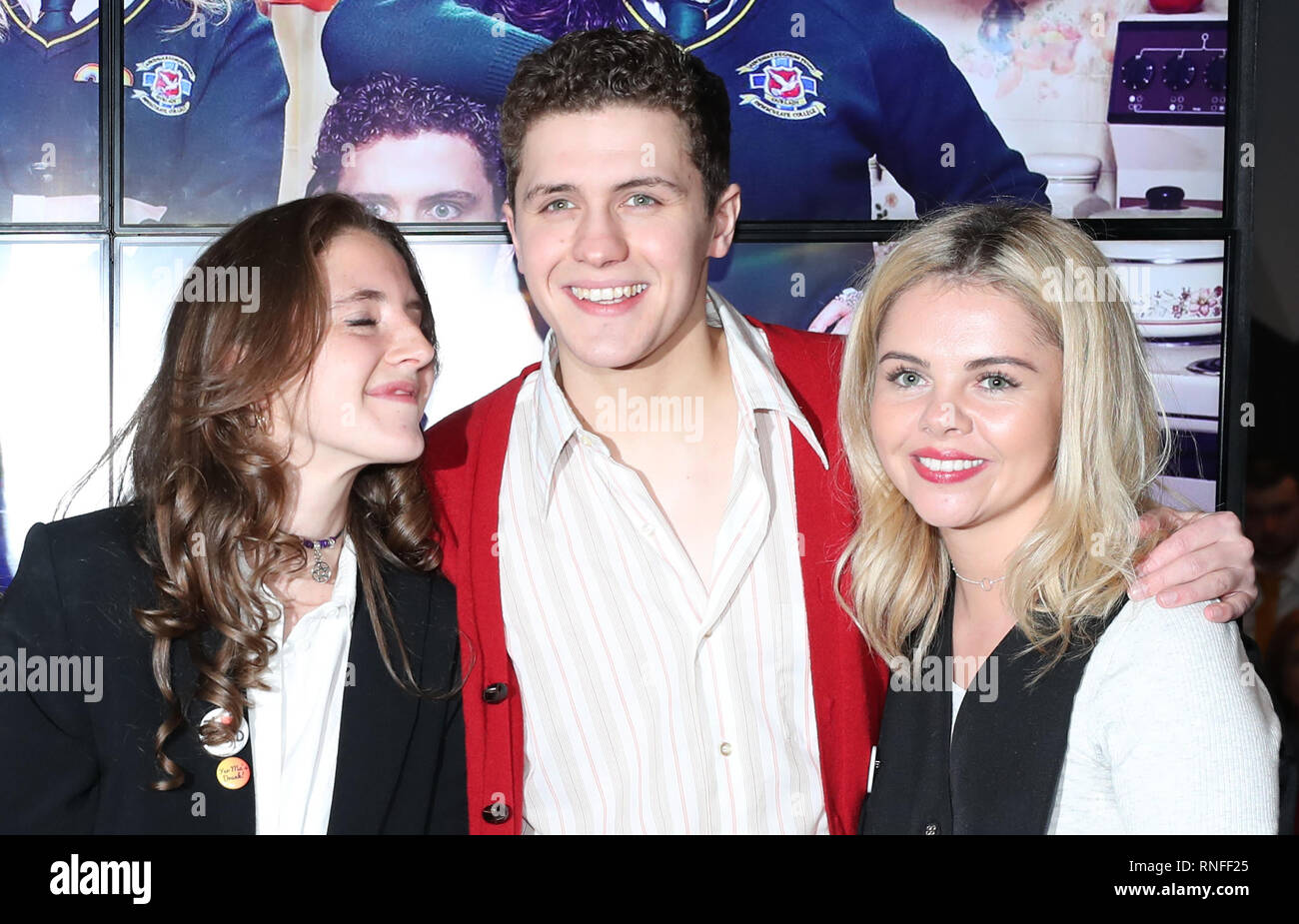 (left to right) Louisa Harland, Dylan Llewellyn and Saoirse-Monica Jackson arrive at the Omniplex Cinema in Londonderry for the Derry Girls premiere ahead of the broadcast of the second series on Channel 4. Stock Photo