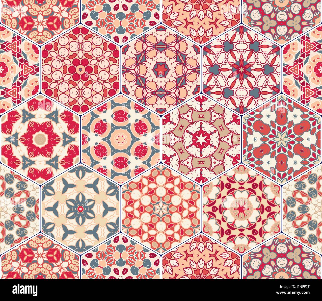 Bright seamless pattern of hexagonal tiles with vintage ornament ...