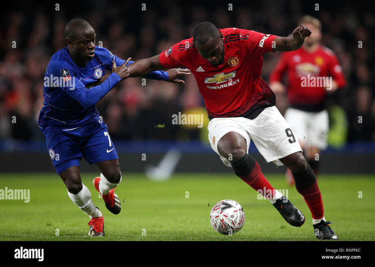Chelsea's N'Golo Kante (left) and Manchester United's Romelu Lukaku battle  for the ball during the FA Cup fifth round match at Stamford Bridge, London  Stock Photo - Alamy
