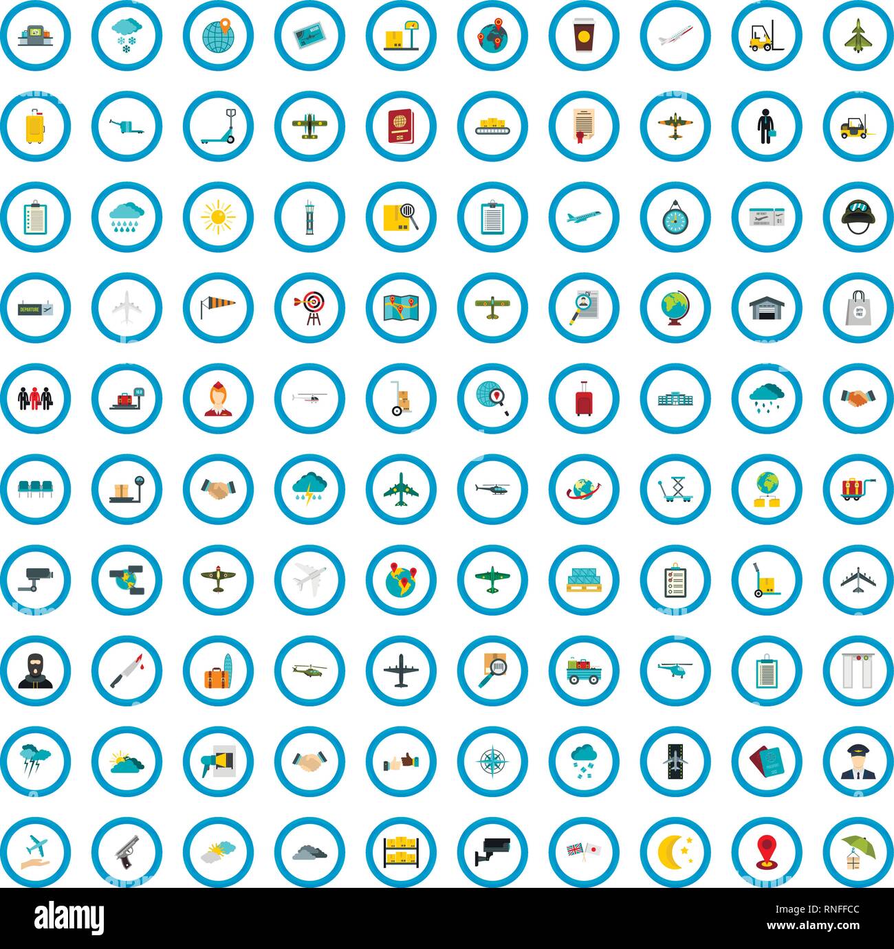 100 airlines icons set, flat style Stock Vector