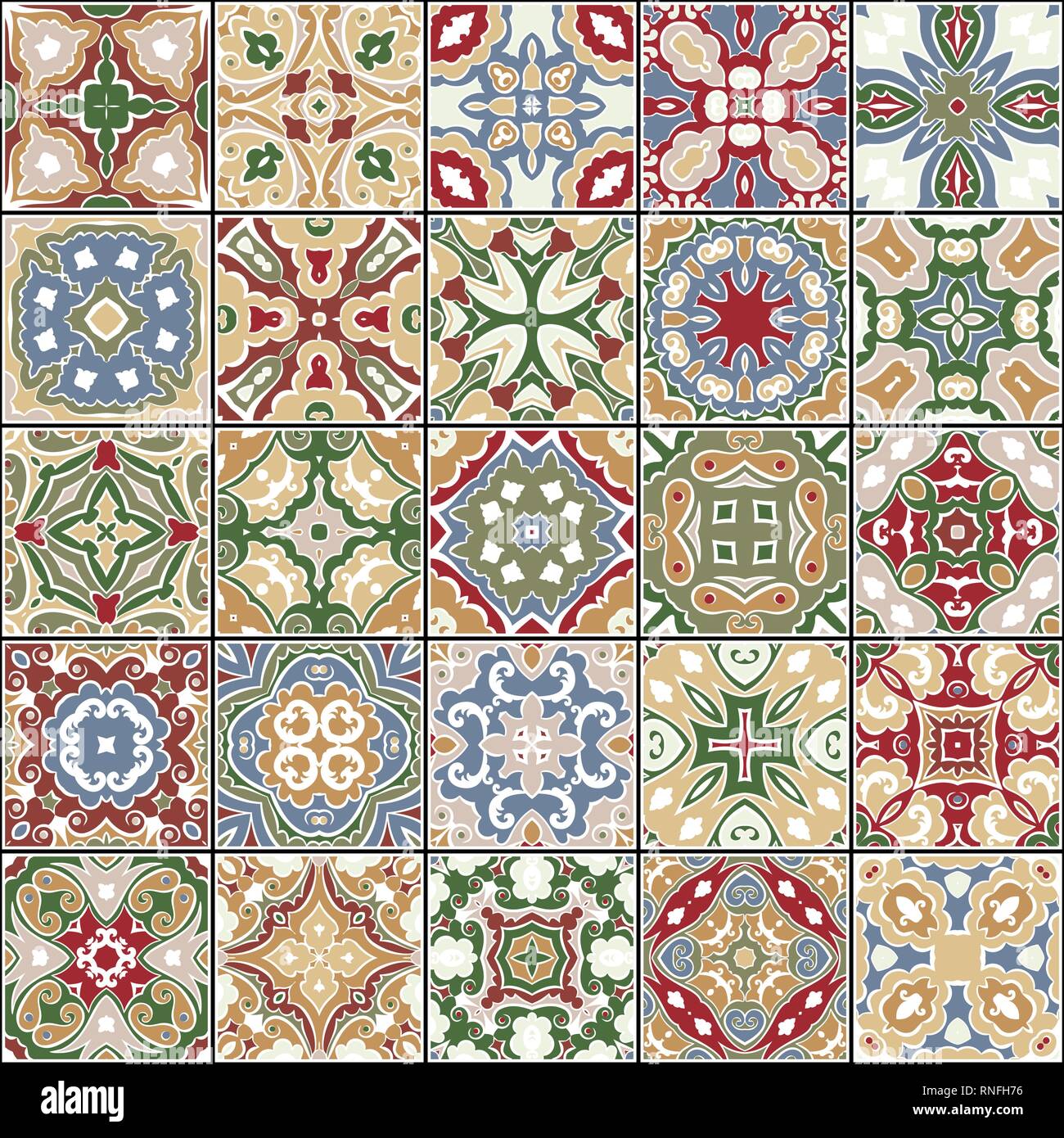 A collection of ceramic tiles in retro colors. A set of square patterns ...