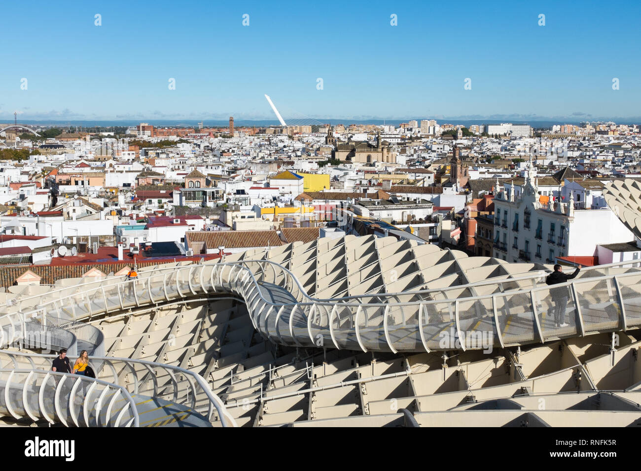 View from walkway on the Metropol Parasol, one of the largest wooden structures ever built in the spanish city of Seville, Andalucia Stock Photo