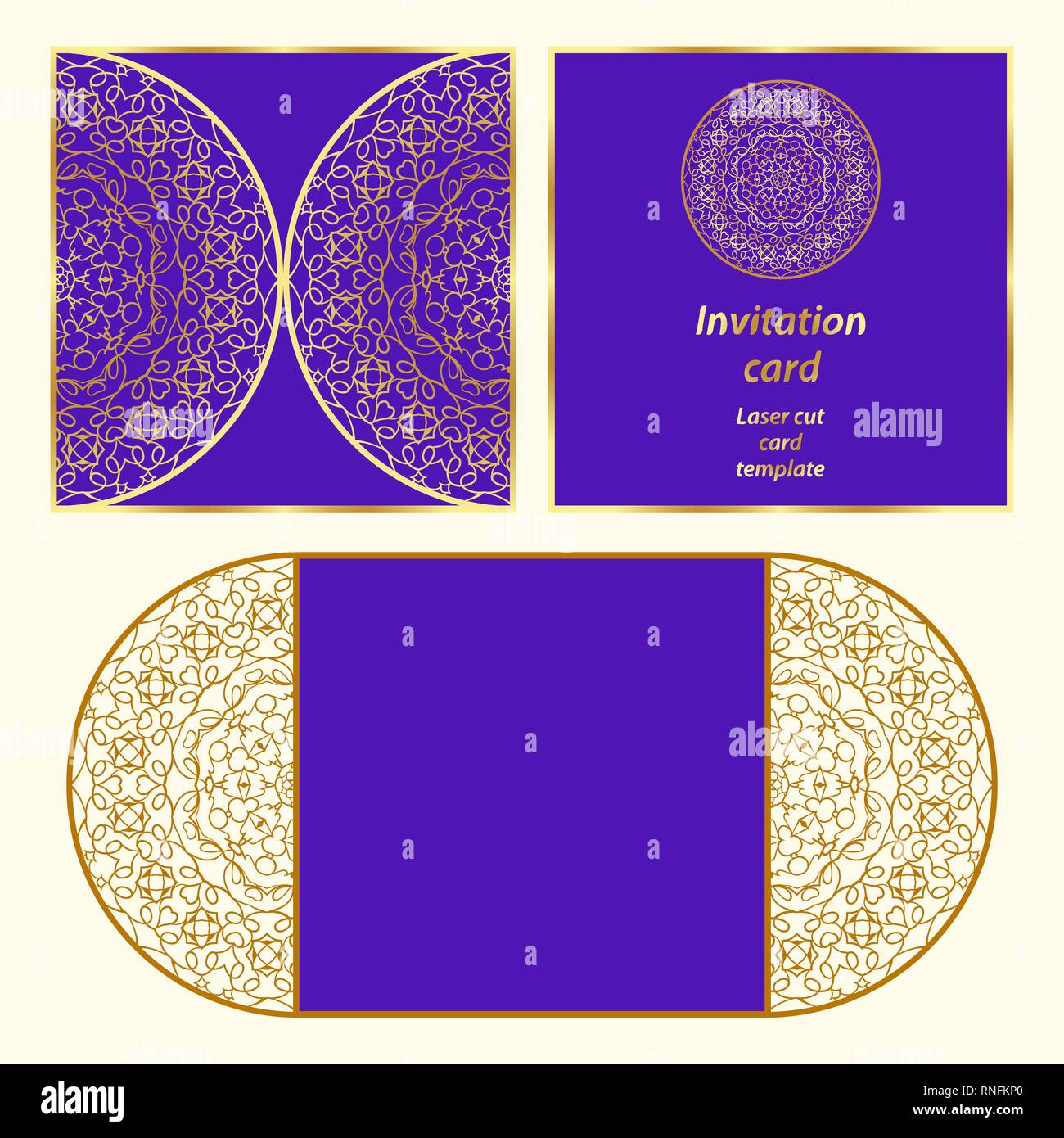 Wedding invitation or greeting card with classical ornament. Picture suitable for laser cutting or printing. Gold pattern on a blue background. Vector Stock Vector