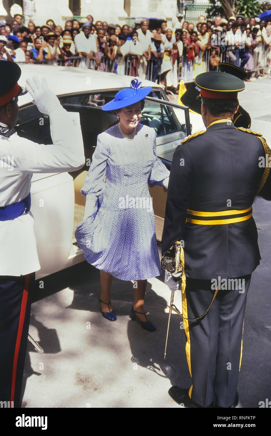 HM Queen Elizabeth II arriving for the Commemoration of the 350th Anniversary of the establishment of a Parliament for Barbados. March 1989 Stock Photo
