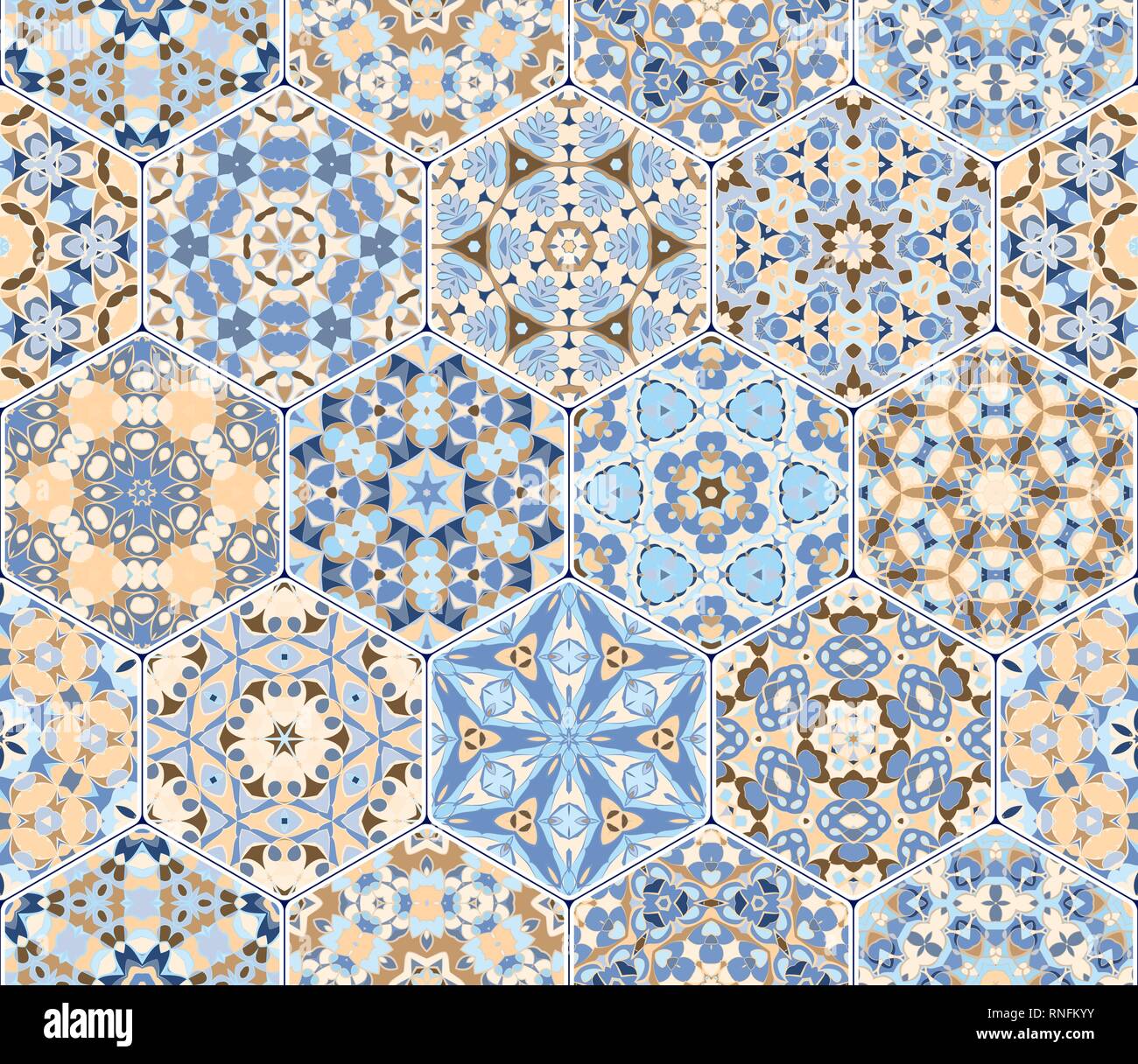 A rich set of hexagonal ceramic tiles. Colorful elements in oriental style. Vector illustration. Stock Vector