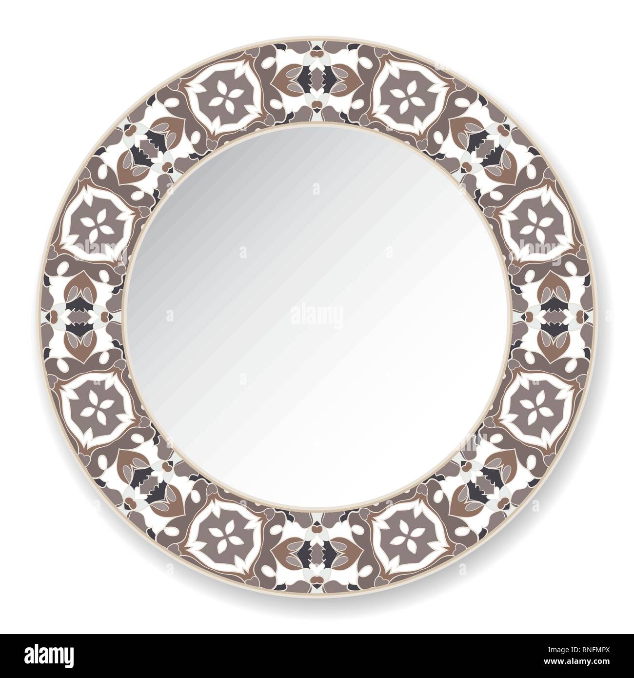 Decorative plate with a circular brown pattern, top view. White