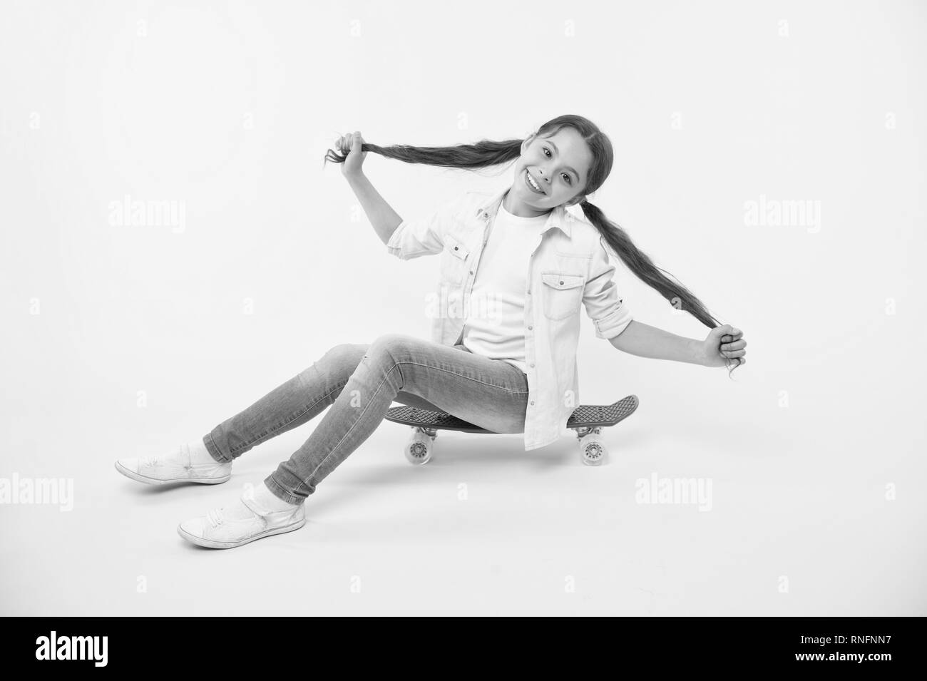 Girl Show Long Ponytail Hairstyle Sit Penny Board Yellow