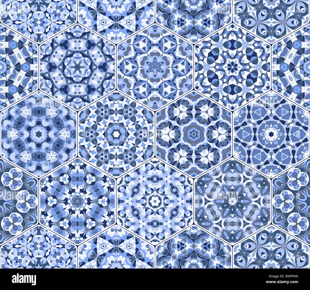 A rich set of hexagonal ceramic tiles in shades of blue. Colorful ...