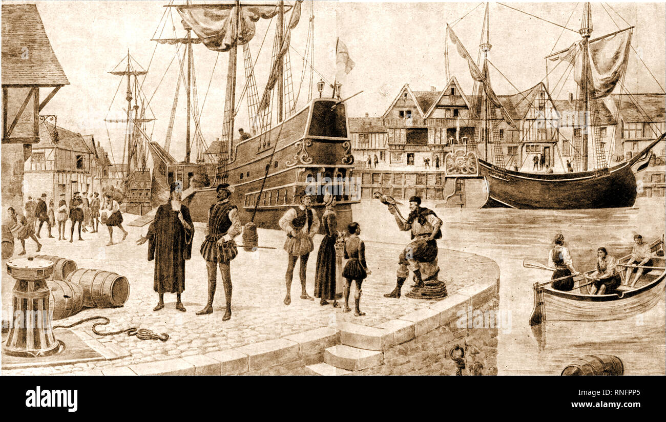 A 1936 printed illustration of an Elizabethan dockside in Britain showing activities,dress,ships and buildings of the time Stock Photo