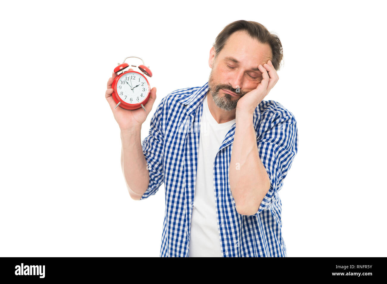Take control of time. Self discipline concept. How to avoid being late. Being late is habit. Figure out why you are always late. Man bearded mature guy hold alarm clock. Time management skill. Stock Photo