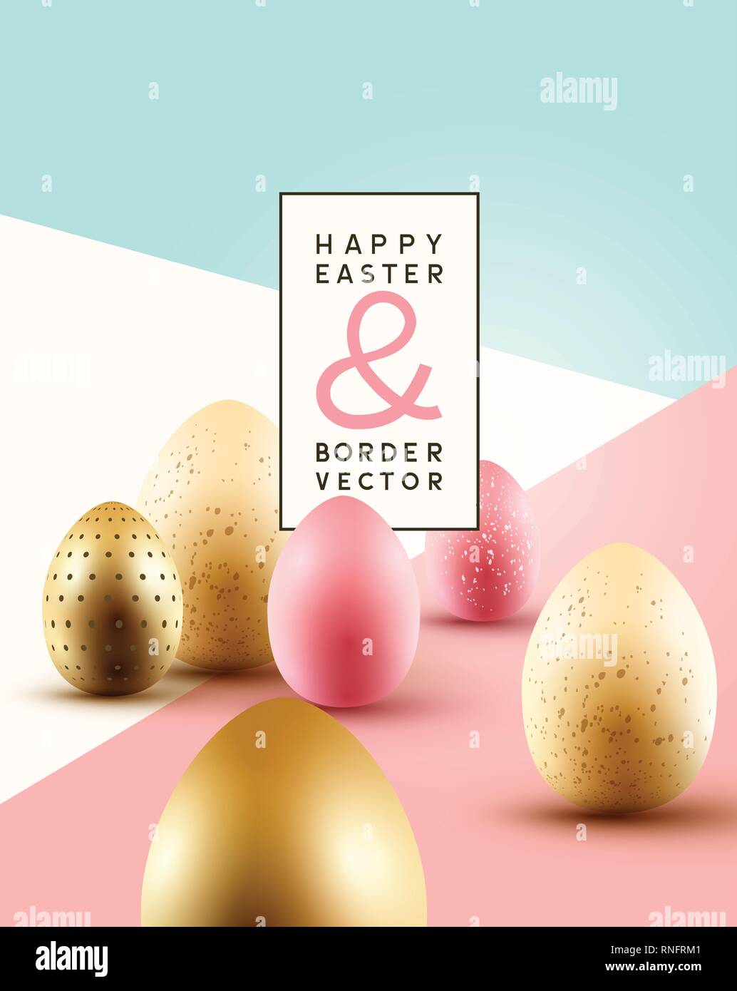 Pastel coloured Easter background composition with gold and pink chocolate Easter eggs. Vector illustration. Stock Vector