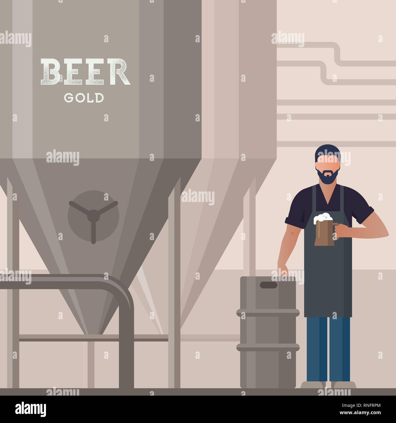 Brewer in own brewery with a beer in the hand demonstrating beer production. Stock Vector