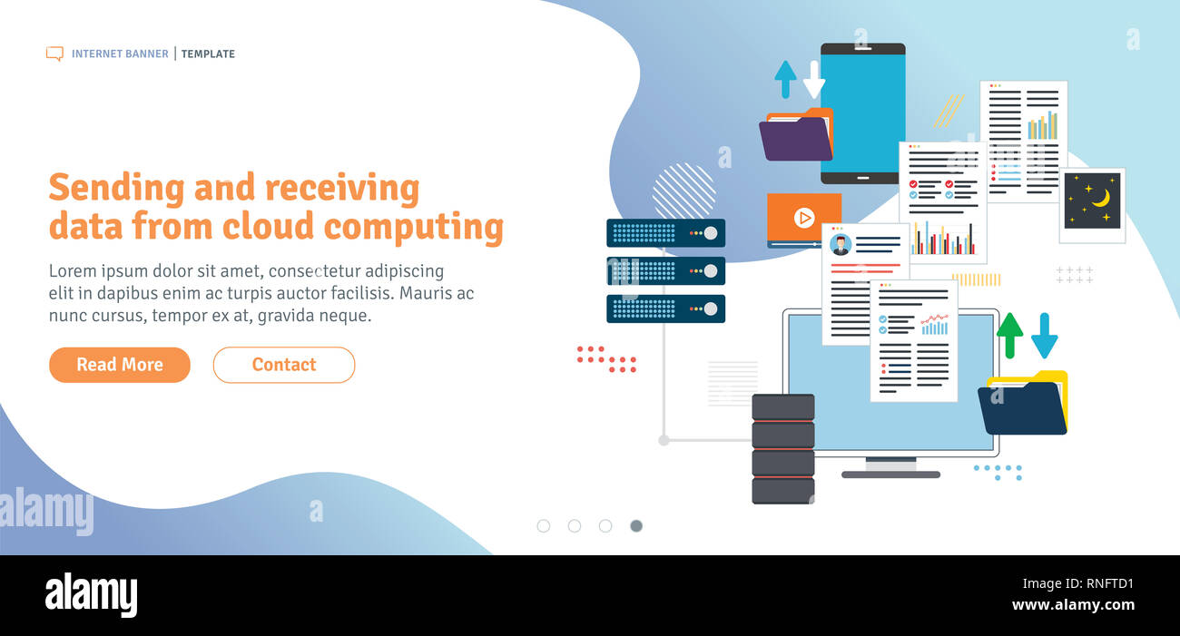 Sending and receiving data from cloud computing. Data backup and access to computer network. Template in flat design for web banner or infographic in  Stock Photo