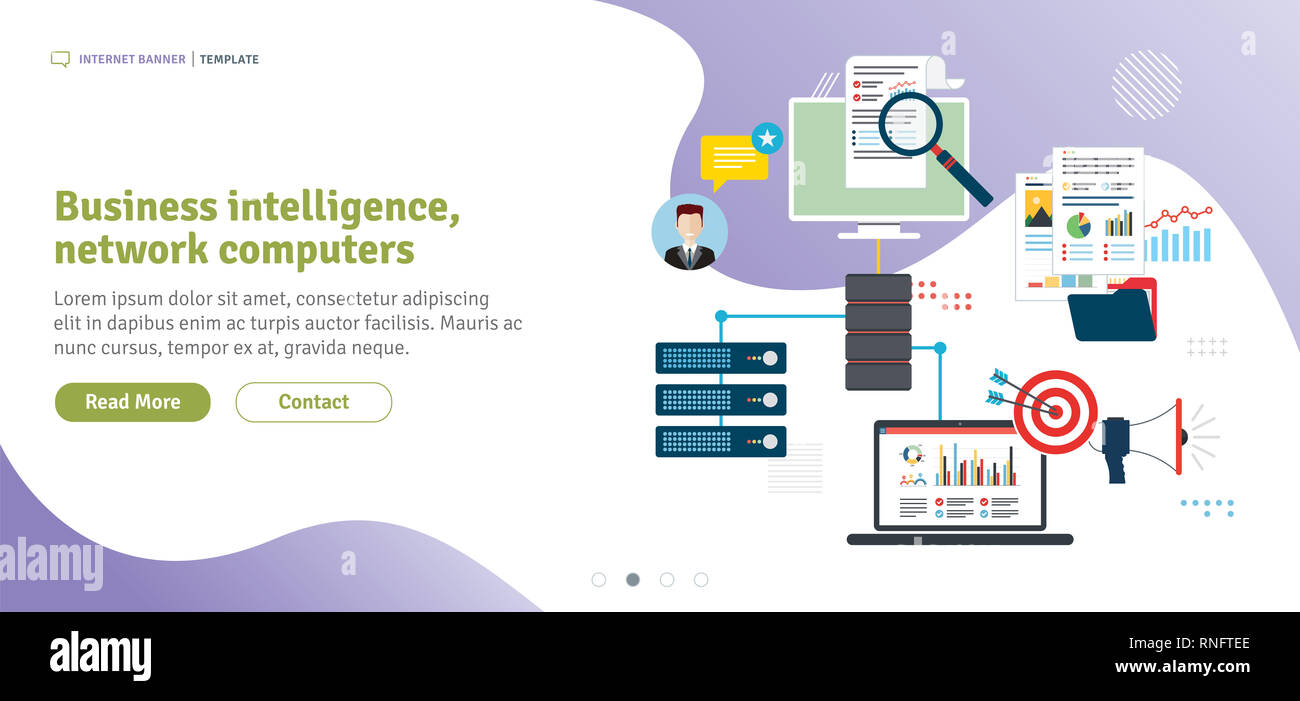 Business intelligence, network computers, cloud computing and data network. Laptop accessing server files in network. Flat design for web banner or in Stock Photo