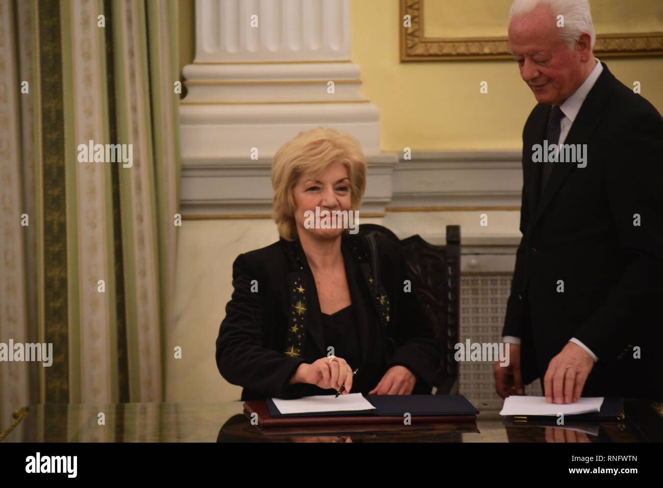 Athens, Greece. 18th Feb, 2019. Athanasia Anagnostopoulou, new Deputy Minister of Foreign Affairs, signs the official documents oath the end of the oath ceremony. Credit: Dimitrios Karvountzis/Pacific Press/Alamy Live News Stock Photo